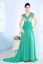 Turquoise Column/Sheath V-neck Cap Sleeves Chiffon With Brush Train Side Zipper Beading and Lace and Ruching Prom Dresses