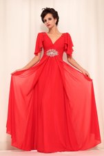 Floor Length Red Evening Dress V-neck Short Sleeves Zipper