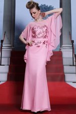 Scoop Rose Pink Half Sleeves Beading Floor Length Prom Gown