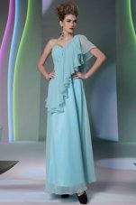 Unique One Shoulder Ankle Length Side Zipper Prom Gown Light Blue and In for Prom and Party with Ruffles