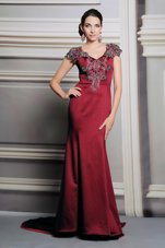 V-neck Short Sleeves Prom Evening Gown Court Train Appliques Burgundy Satin