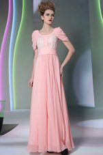 Baby Pink Chiffon Side Zipper Scoop Cap Sleeves Floor Length Homecoming Dress Beading