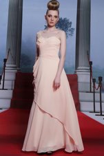 One Shoulder Baby Pink Long Sleeves Floor Length Appliques and Ruching Side Zipper Prom Party Dress