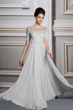 Captivating Scoop Floor Length Silver Homecoming Dress Satin Short Sleeves Appliques and Belt