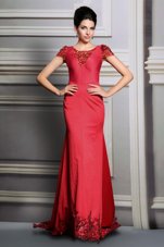 Scoop Red Satin Clasp Handle Homecoming Dress Short Sleeves Court Train Appliques