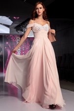 Short Sleeves Backless Floor Length Beading and Ruching Prom Dress