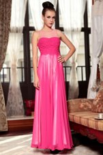 Beauteous Scoop Hot Pink Sleeveless Ankle Length Ruching Zipper Prom Gown