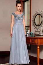 Scoop Beading and Sequins and Ruching and Belt Prom Gown Grey Side Zipper Cap Sleeves Floor Length