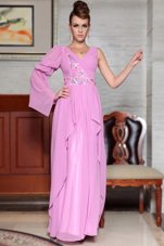 Lilac Column/Sheath V-neck Long Sleeves Chiffon Ankle Length Side Zipper Beading and Ruching and Pattern Prom Dress