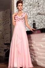 Fine Sleeveless Satin Floor Length Zipper Prom Dresses in Baby Pink for with Appliques