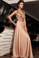 Gorgeous Brown Backless V-neck Beading and Ruching Homecoming Dress Satin Sleeveless