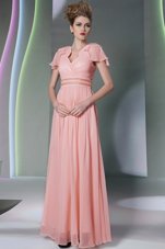 Best Pink Prom Evening Gown Prom and Party and For with Beading and Ruching V-neck Cap Sleeves Side Zipper