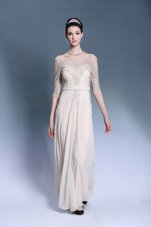 Adorable Champagne Column/Sheath Beading and Pleated Prom Dress Zipper Chiffon Short Sleeves Floor Length
