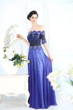Column/Sheath Prom Dress Blue Scalloped Chiffon Half Sleeves Floor Length Zipper