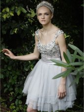 Adorable White Organza Backless Straps Sleeveless Knee Length Cocktail Dress Beading and Ruffles