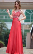 V-neck Sleeveless Chiffon Prom Party Dress Appliques Side Zipper