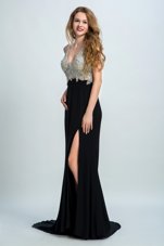 Gorgeous Straps Sleeveless Brush Train Backless Prom Party Dress Black Chiffon