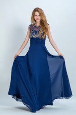 Customized Scoop Floor Length Zipper Evening Dress Navy Blue and In for Prom and Party with Beading