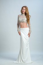 Flirting White Column/Sheath Beading Prom Party Dress Backless Elastic Woven Satin Long Sleeves Floor Length