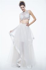 Scoop White Sleeveless Floor Length Beading and Lace Zipper Evening Dresses