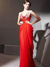 Cap Sleeves Zipper Floor Length Beading and Appliques and Ruching Evening Dress