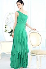 Flare One Shoulder Green Sleeveless Appliques Floor Length Prom Dress