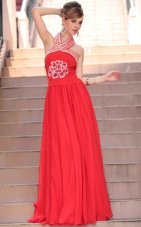 Halter Top Coral Red A-line Embroidery Side Zipper Chiffon Sleeveless Floor Length