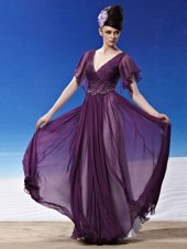 Short Sleeves Chiffon Ankle Length Side Zipper Prom Dress in Dark Purple for with Beading and Ruching