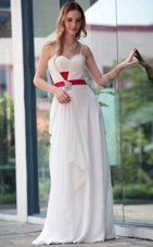 Unique White Side Zipper Spaghetti Straps Belt Prom Party Dress Satin Sleeveless