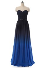 Floor Length Lace Up Homecoming Dress Blue And Black and In for Prom and Party with Ruching and Belt