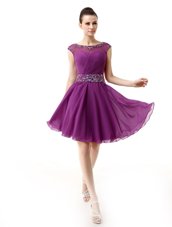 Graceful Scoop Dark Purple A-line Beading and Ruffles Teens Party Dress Side Zipper Silk Like Satin Cap Sleeves Mini Length