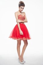 Hot Selling Coral Red Organza Side Zipper Custom Made Sleeveless Mini Length Appliques and Ruffles