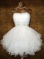 Chic White Sleeveless Knee Length Beading and Ruffles Lace Up Cocktail Dresses