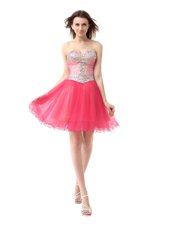 Adorable Beading Teens Party Dress Coral Red Zipper Sleeveless Knee Length