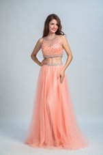 Fashionable Scoop Floor Length Peach Prom Party Dress Chiffon Sleeveless Beading and Belt