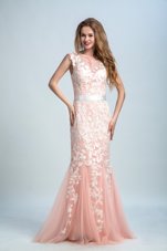 Peach Prom and Party and For with Lace Bateau Sleeveless Zipper