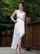Luxury Column/Sheath Homecoming Dresses White One Shoulder Organza Sleeveless Ankle Length Side Zipper