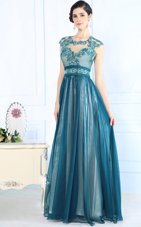 Teal Scoop Zipper Lace Prom Dresses Sleeveless
