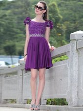 Purple Scoop Neckline Beading and Hand Made Flower Teens Party Dress Sleeveless Zipper