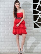 Strapless Sleeveless Side Zipper Cocktail Dress Red Chiffon