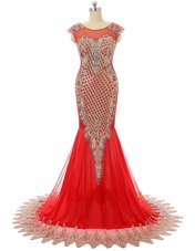 Fantastic Red Scoop Neckline Beading and Lace Juniors Evening Dress Sleeveless Zipper