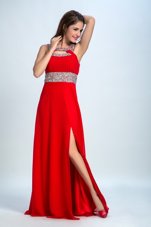 Red and Coral Red Sleeveless Floor Length Beading Zipper Dress for Prom