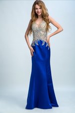 Modern Chiffon V-neck Sleeveless Backless Beading Prom Dresses in Royal Blue