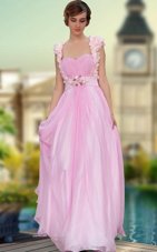 Sleeveless Floor Length Belt and Hand Made Flower Zipper Prom Dresses with Rose Pink
