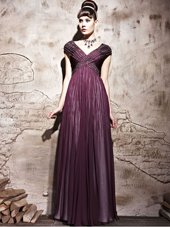 Purple Chiffon Side Zipper Prom Evening Gown Cap Sleeves Floor Length Beading and Ruching