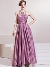 Pretty Lilac Column/Sheath Scoop Sleeveless Taffeta Floor Length Zipper Beading and Ruching Homecoming Dress