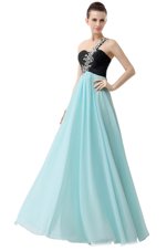 One Shoulder Blue And Black Empire Beading and Ruffles Prom Dress Zipper Chiffon Sleeveless Floor Length