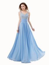 Enchanting Blue Chiffon and Sequined Side Zipper Sleeveless Floor Length Beading