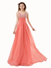 Elegant Sleeveless Floor Length Beading Side Zipper Prom Gown with Watermelon Red