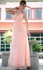 Glorious Baby Pink V-neck Zipper Beading Dress for Prom Sleeveless